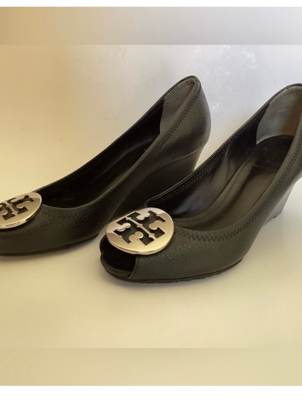 Tory Burch Black Pebbled Leather Sally Silver Logo Peep Toe Wedge Heels